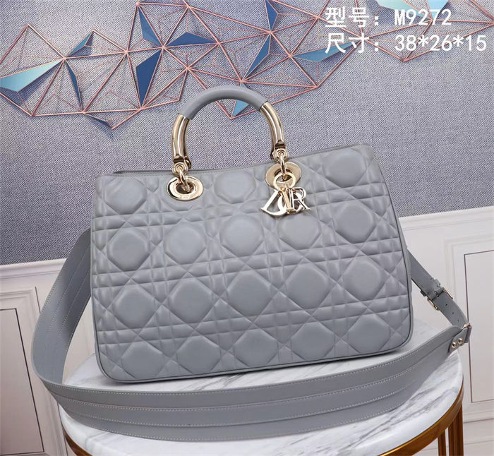 LADY 95.22 LARGE BAG Cannage Calfskin Grey High