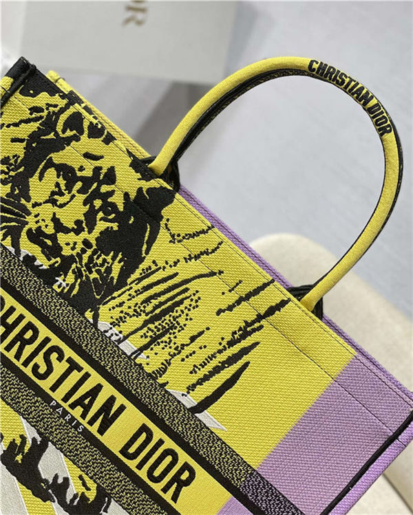 LARGE Dior BOOK TOTE D-Jungle Pop Embroidery Yellow/Lilac High