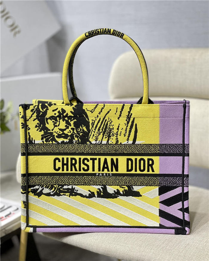 MEDIUM Dior BOOK TOTE D-Jungle Pop Embroidery Yellow/Lilac High