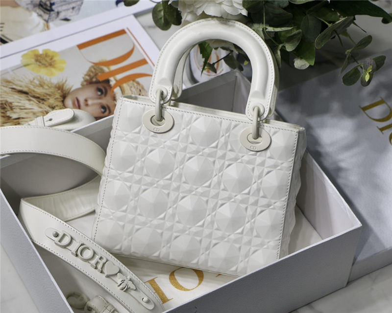 SMALL LADY Dior Cannage Calfskin with Diamond Motif White High