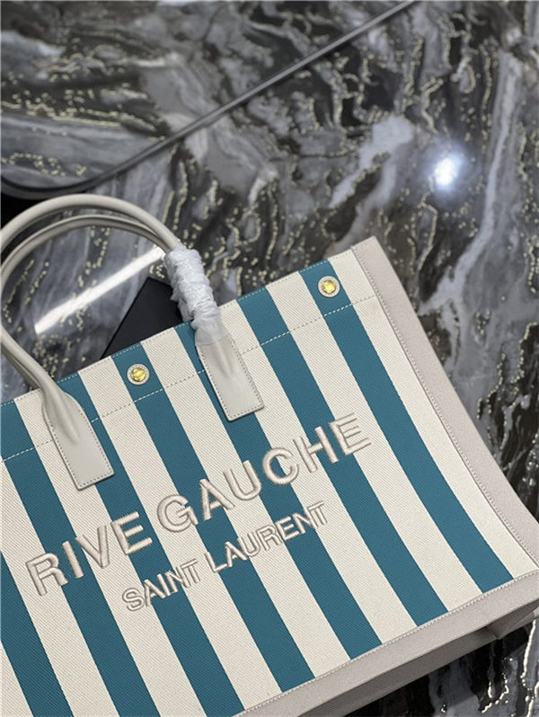 RIVE GAUCHE TOTE BAG IN LINEN AND LEATHER Stripe High