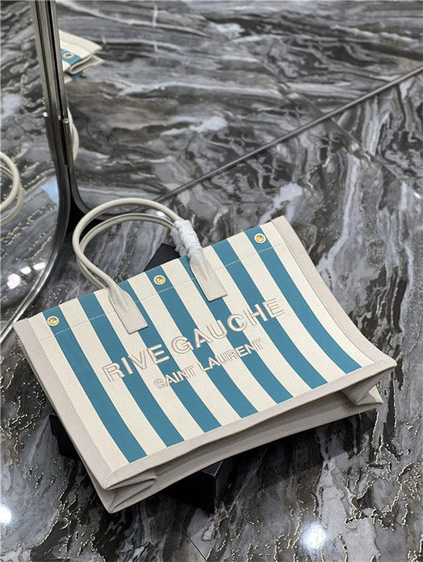 RIVE GAUCHE TOTE BAG IN LINEN AND LEATHER Stripe High