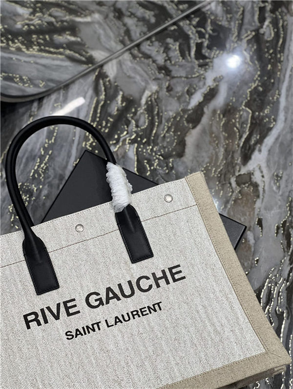 RIVE GAUCHE SMALL TOTE BAG IN LINEN AND LEATHER High