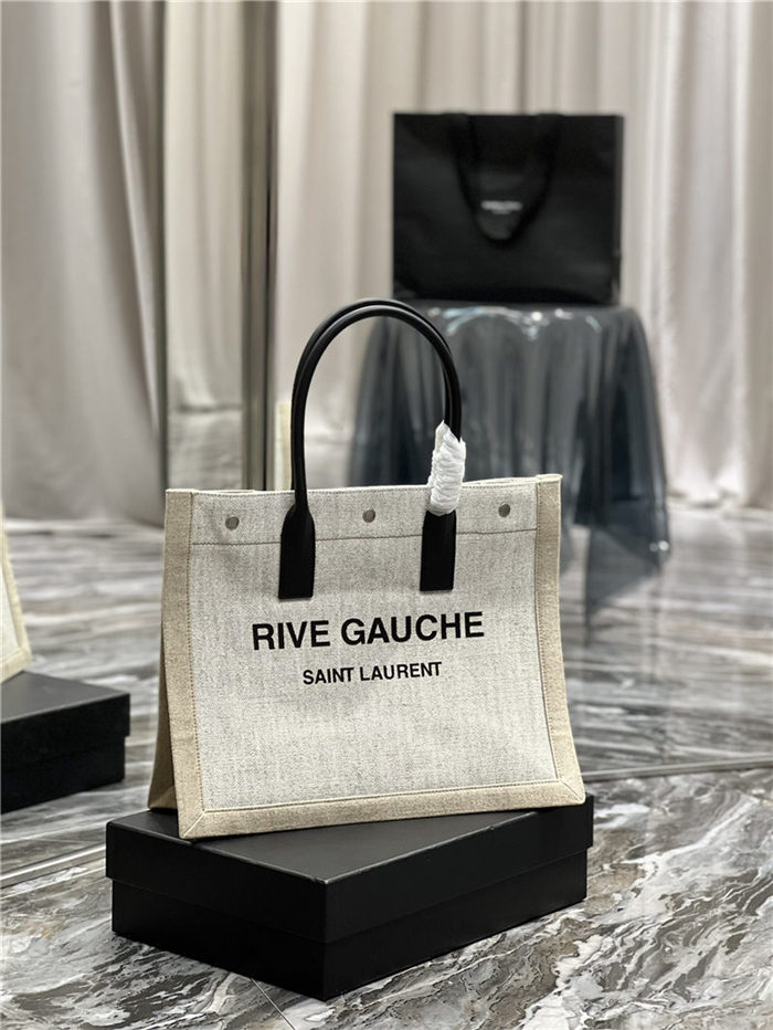 RIVE GAUCHE SMALL TOTE BAG IN LINEN AND LEATHER High