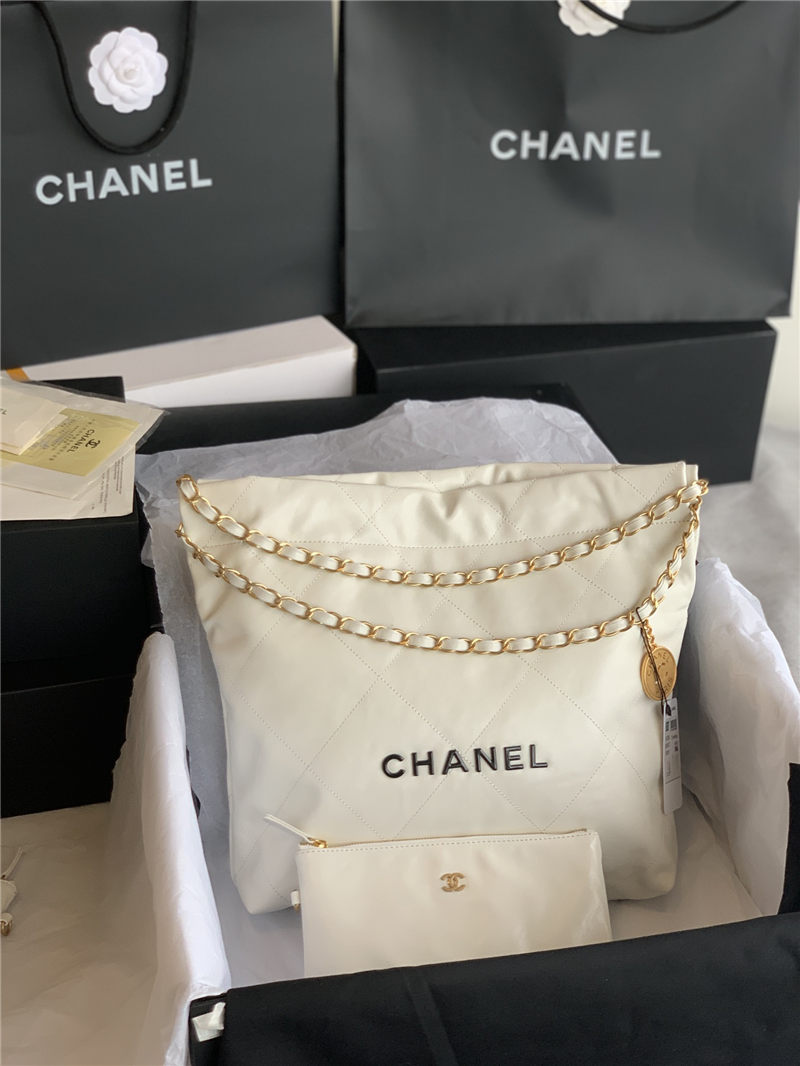 Chanel 22 SMALL HANDBAG Shiny Calfskin & Gold-Tone Metal AS3260 White High