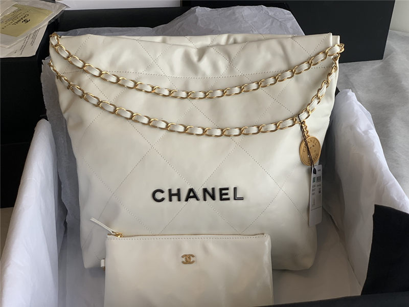 Chanel 22 SMALL HANDBAG Shiny Calfskin & Gold-Tone Metal AS3260 White High