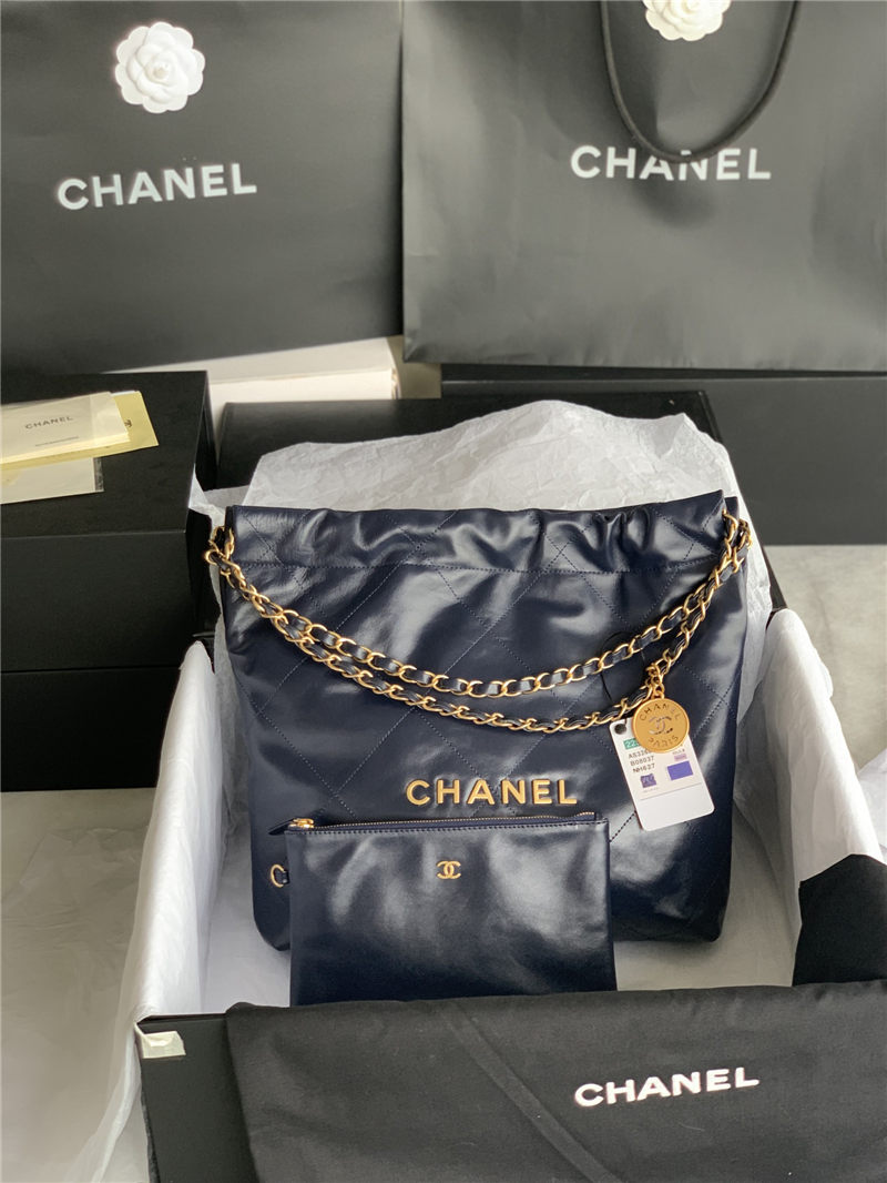 Chanel 22 SMALL HANDBAG Shiny Calfskin & Gold-Tone Metal AS3260 Navy High