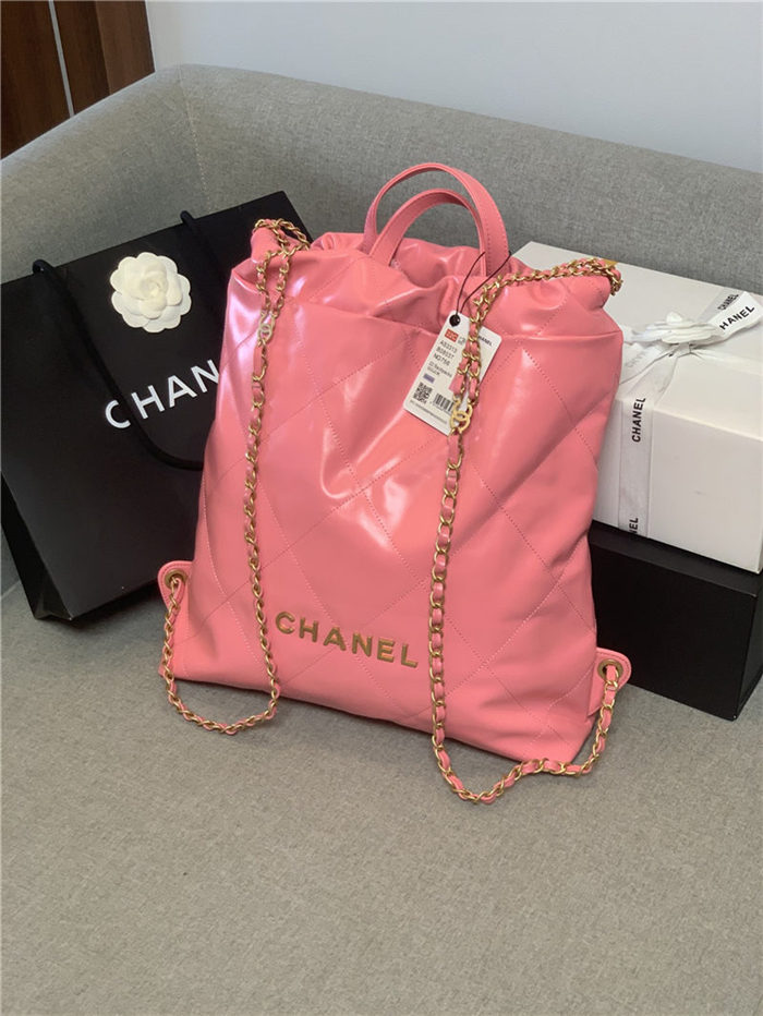 Chanel 22 BACKPACK Shiny Calfskin & Gold-Tone Metal AS3313 Pink High