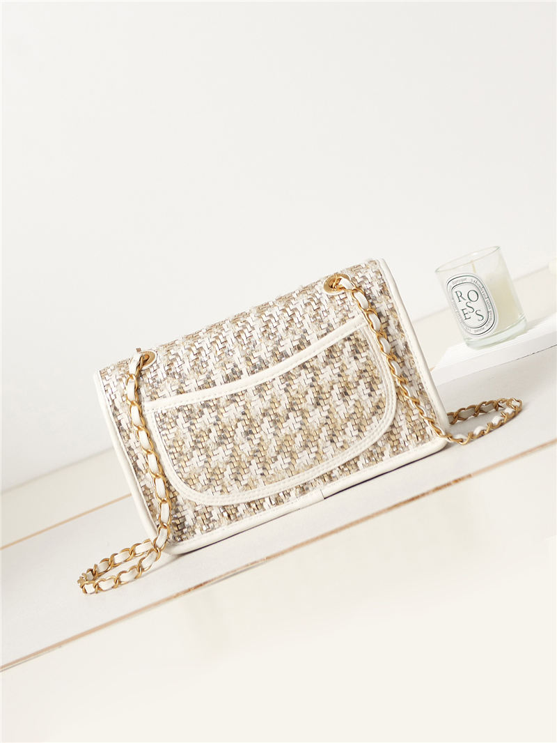 Chanel FLAP BAG Lambskin, Viscose Weaving & Gold-Tone Metal AS3767 White A