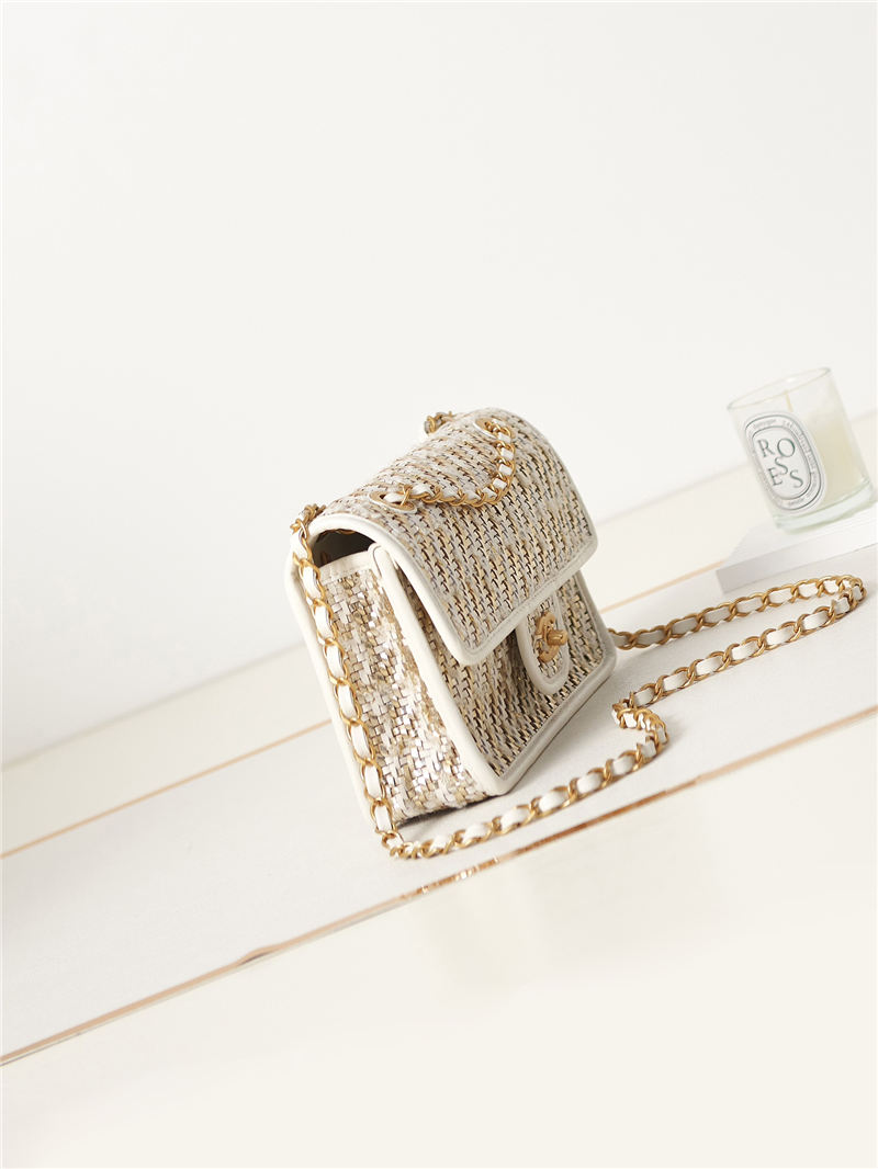 Chanel FLAP BAG Lambskin, Viscose Weaving & Gold-Tone Metal AS3767 White A