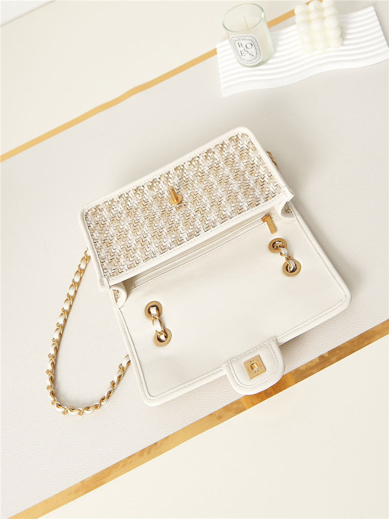 Chanel FLAP BAG Lambskin, Viscose Weaving & Gold-Tone Metal AS3767 White A