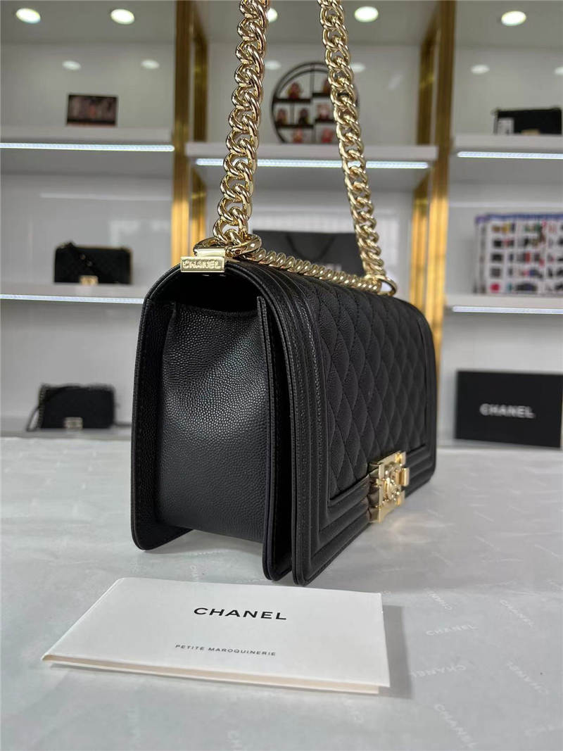 BOY Chanel HANDBAG Grained Calfskin Black Gold Metal High