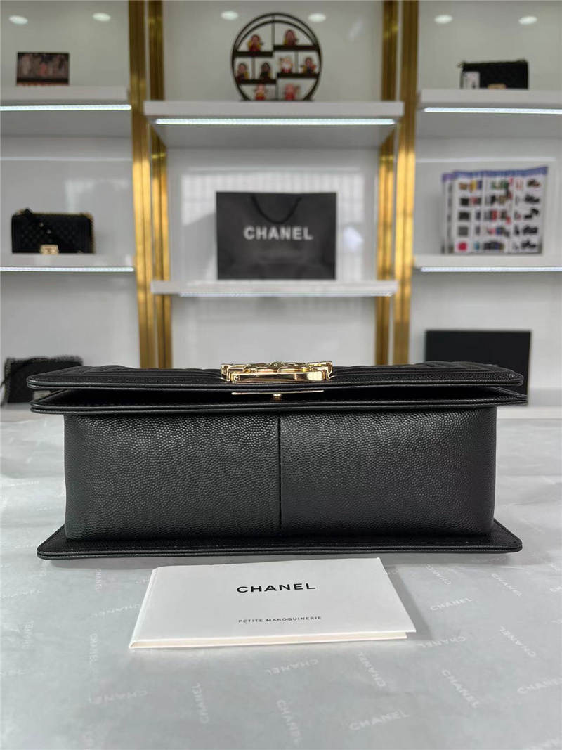 BOY Chanel HANDBAG Grained Calfskin Black Gold Metal High