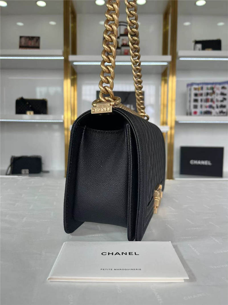 BOY Chanel HANDBAG Grained Calfskin Black Matt-Gold Metal High