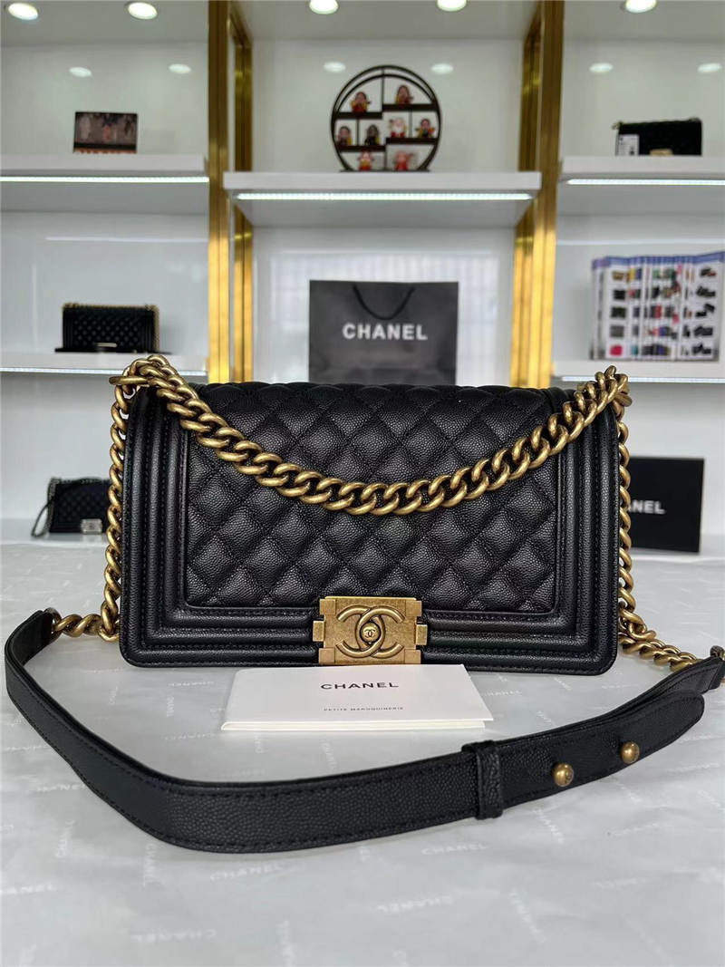 BOY Chanel HANDBAG Grained Calfskin Black Anti-Gold Metal High