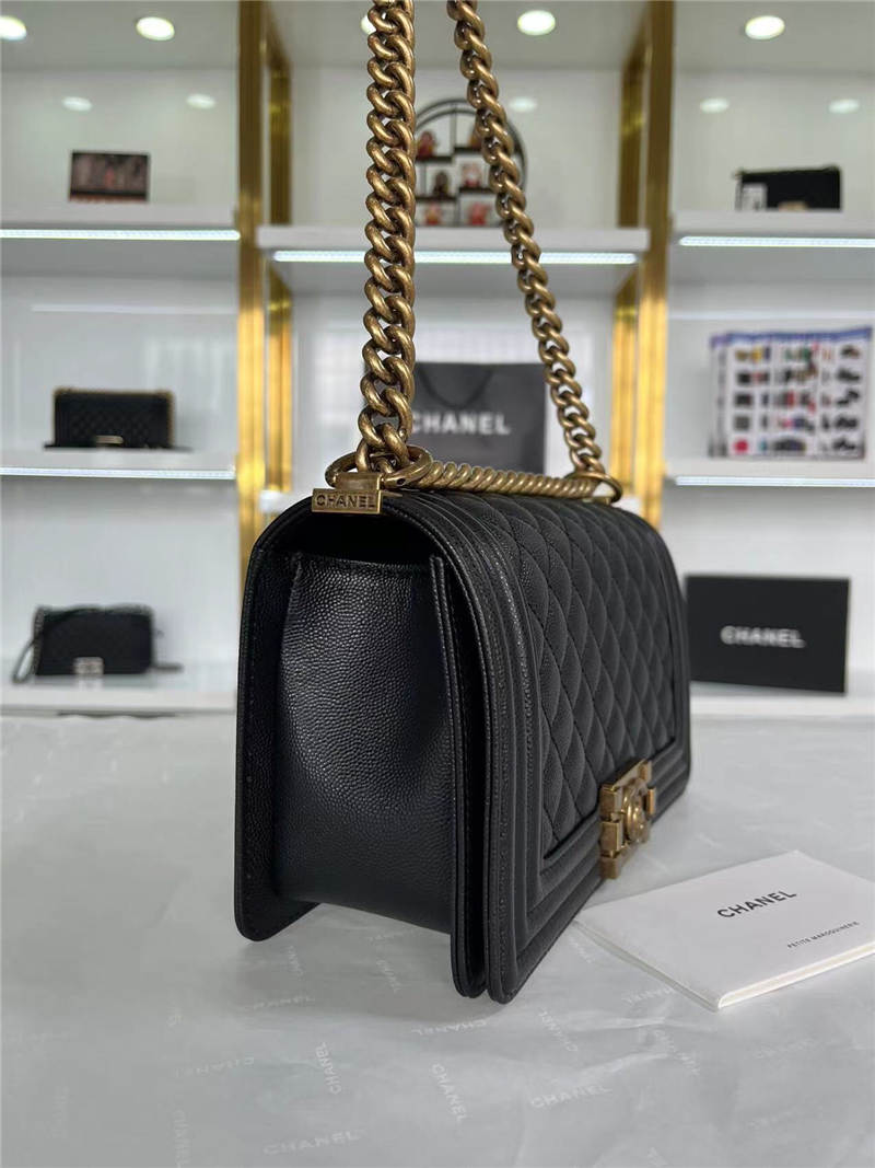 BOY Chanel HANDBAG Grained Calfskin Black Anti-Gold Metal High