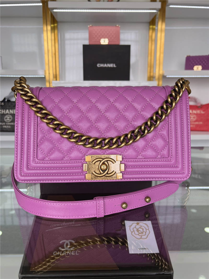 BOY Chanel HANDBAG Grained Calfskin Purple Anti-Gold Metal High