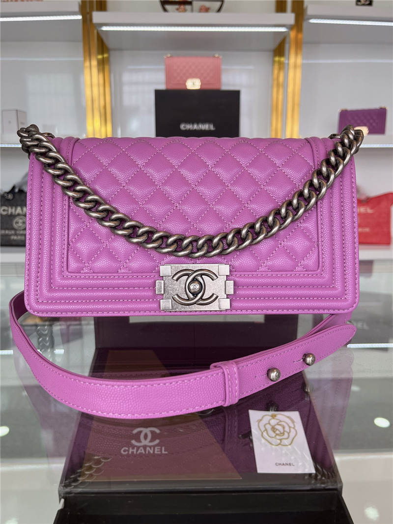 BOY Chanel HANDBAG Grained Calfskin Purple Anti-Silver Metal High