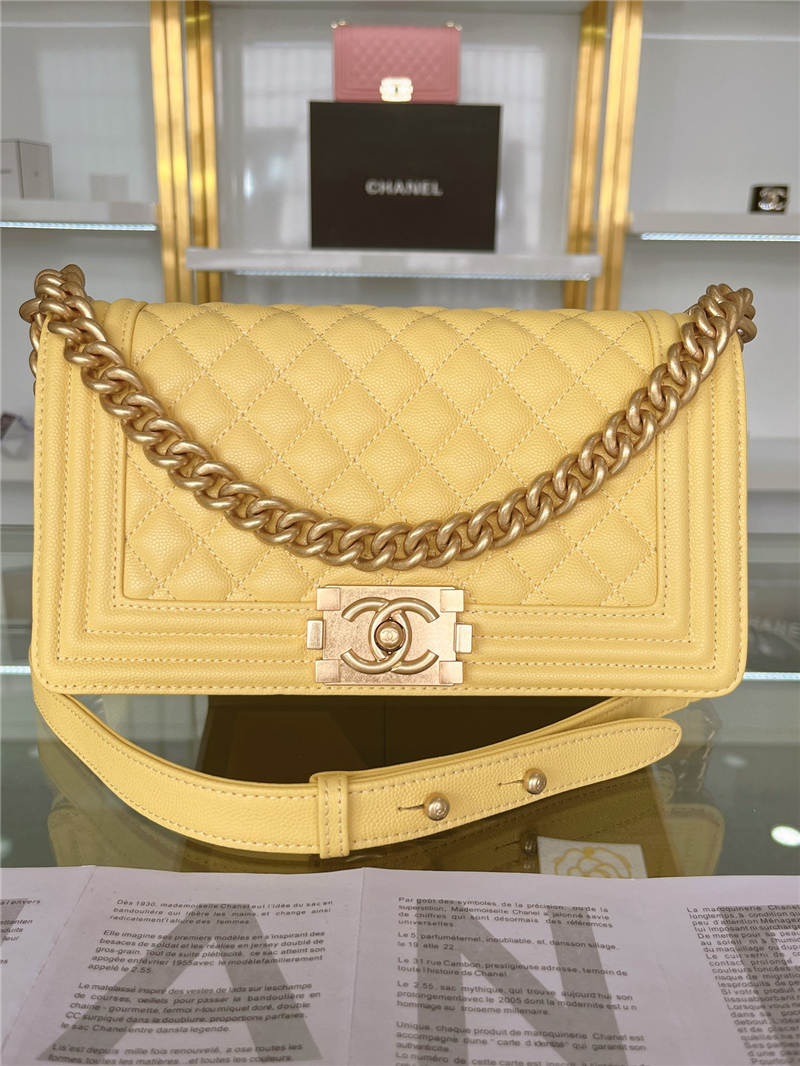 BOY Chanel HANDBAG Grained Calfskin Yellow Matt-Gold Metal High