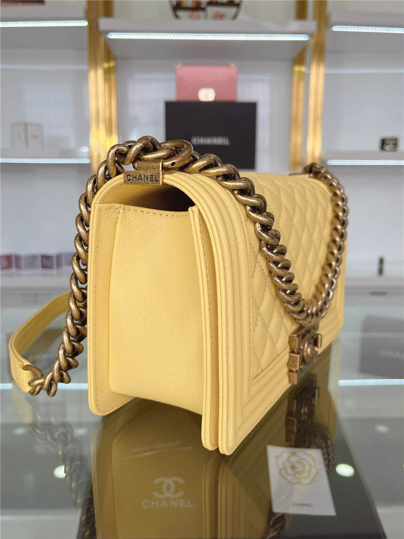 BOY Chanel HANDBAG Grained Calfskin Yellow Anti-Gold Metal High