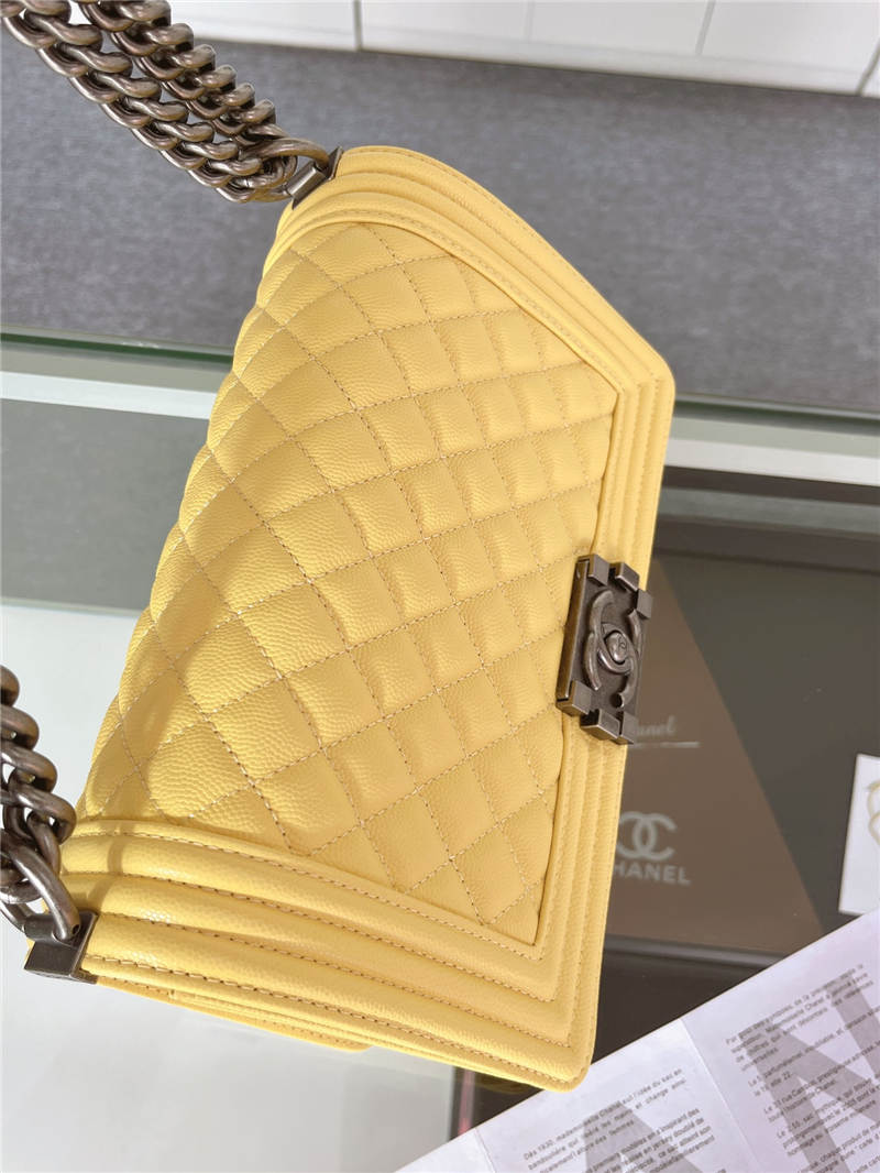 BOY Chanel HANDBAG Grained Calfskin Yellow Anti-Silver Metal High