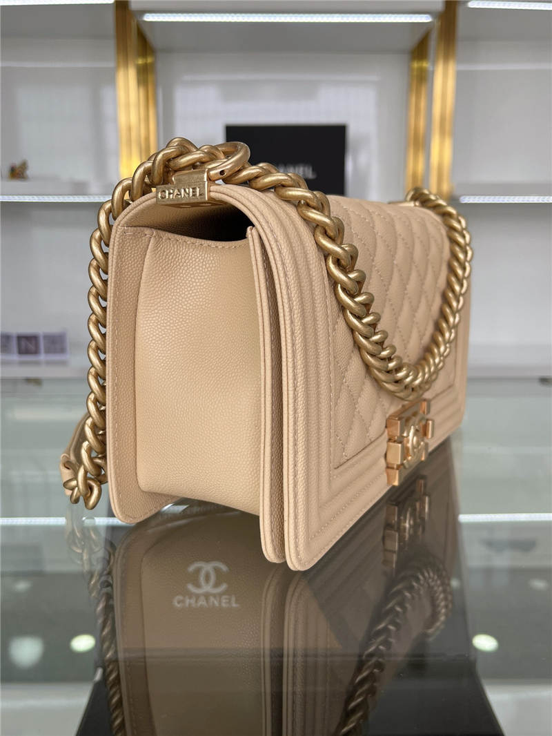 BOY Chanel HANDBAG Grained Calfskin Beige Matt-Gold Metal High