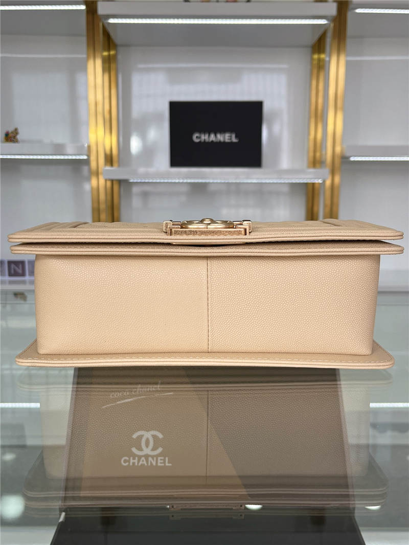 BOY Chanel HANDBAG Grained Calfskin Beige Matt-Gold Metal High