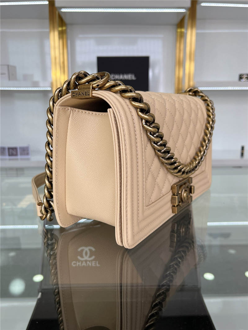 BOY Chanel HANDBAG Grained Calfskin Beige Anti-Gold Metal High