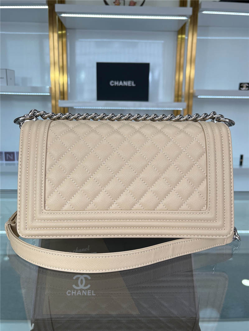 BOY Chanel HANDBAG Grained Calfskin Beige Silver Metal High