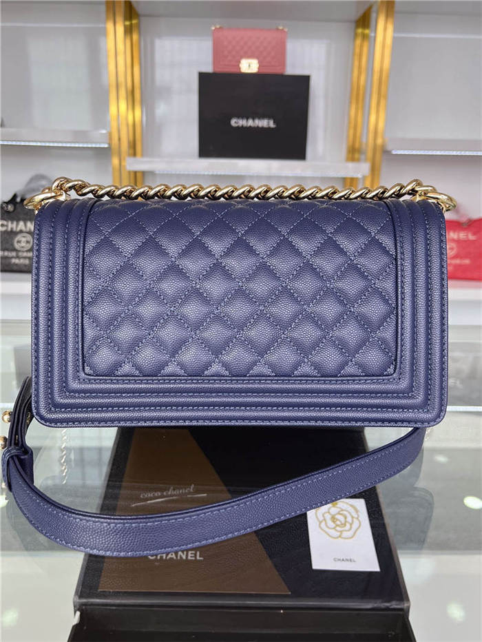 BOY Chanel HANDBAG Grained Calfskin Navy Blue Gold Metal High