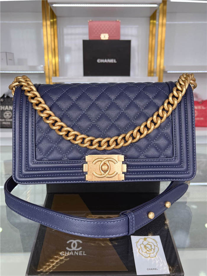 BOY Chanel HANDBAG Grained Calfskin Navy Blue Matt-Gold Metal High