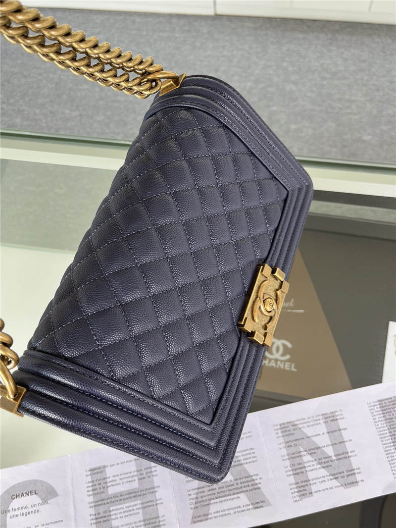 BOY Chanel HANDBAG Grained Calfskin Navy Blue Anti-Gold Metal High