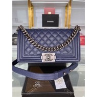 BOY Chanel HANDBAG Grained Calfskin Navy Blue Anti-Silver Metal High