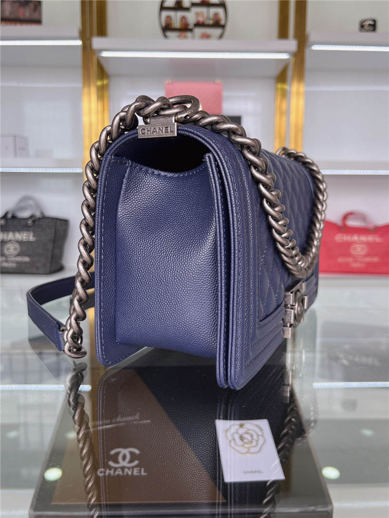 BOY Chanel HANDBAG Grained Calfskin Navy Blue Anti-Silver Metal High