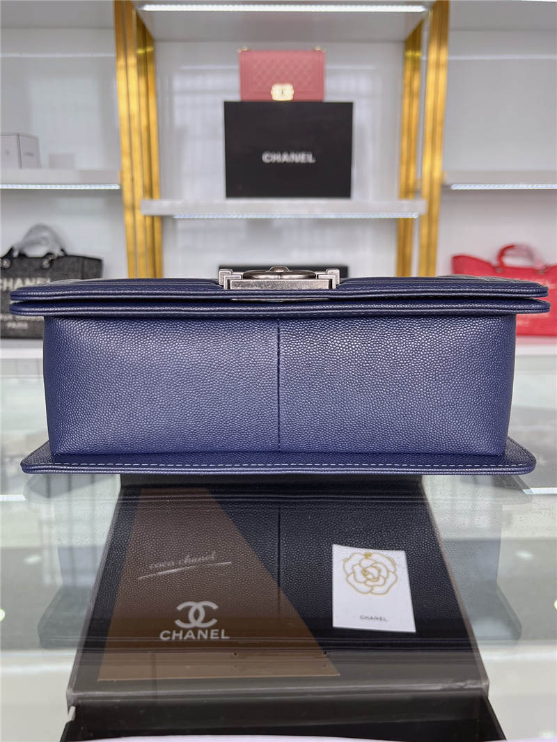 BOY Chanel HANDBAG Grained Calfskin Navy Blue Anti-Silver Metal High