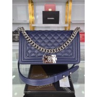 BOY Chanel HANDBAG Grained Calfskin Navy Blue Silver Metal High