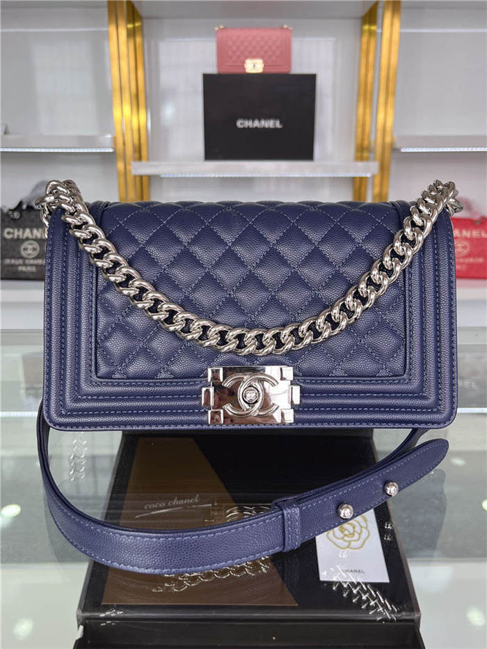 BOY Chanel HANDBAG Grained Calfskin Navy Blue Silver Metal High