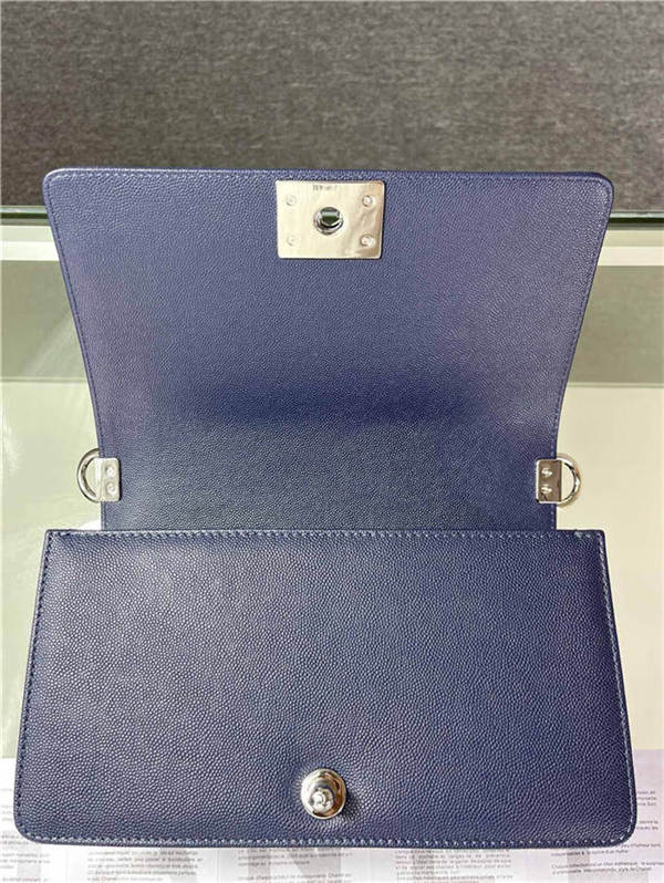 BOY Chanel HANDBAG Grained Calfskin Navy Blue Silver Metal High