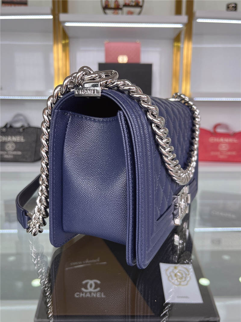 BOY Chanel HANDBAG Grained Calfskin Navy Blue Silver Metal High