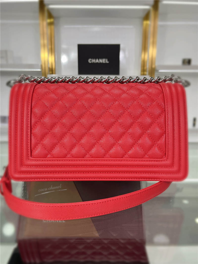 BOY Chanel HANDBAG Grained Calfskin Red Silver Metal High