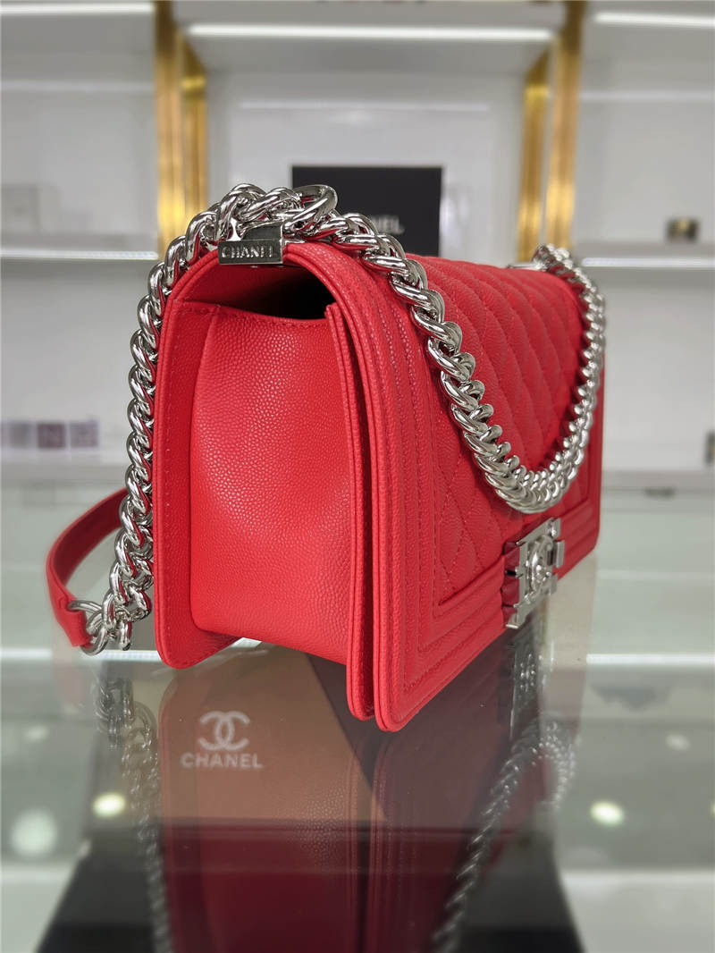 BOY Chanel HANDBAG Grained Calfskin Red Silver Metal High