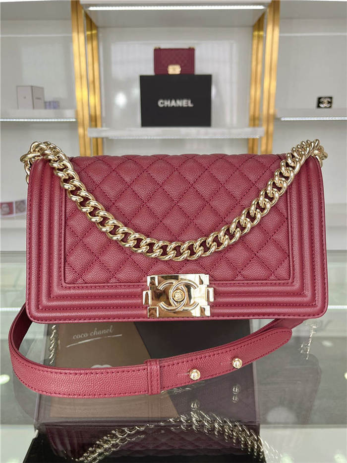 BOY Chanel HANDBAG Grained Calfskin Wine Gold Metal High