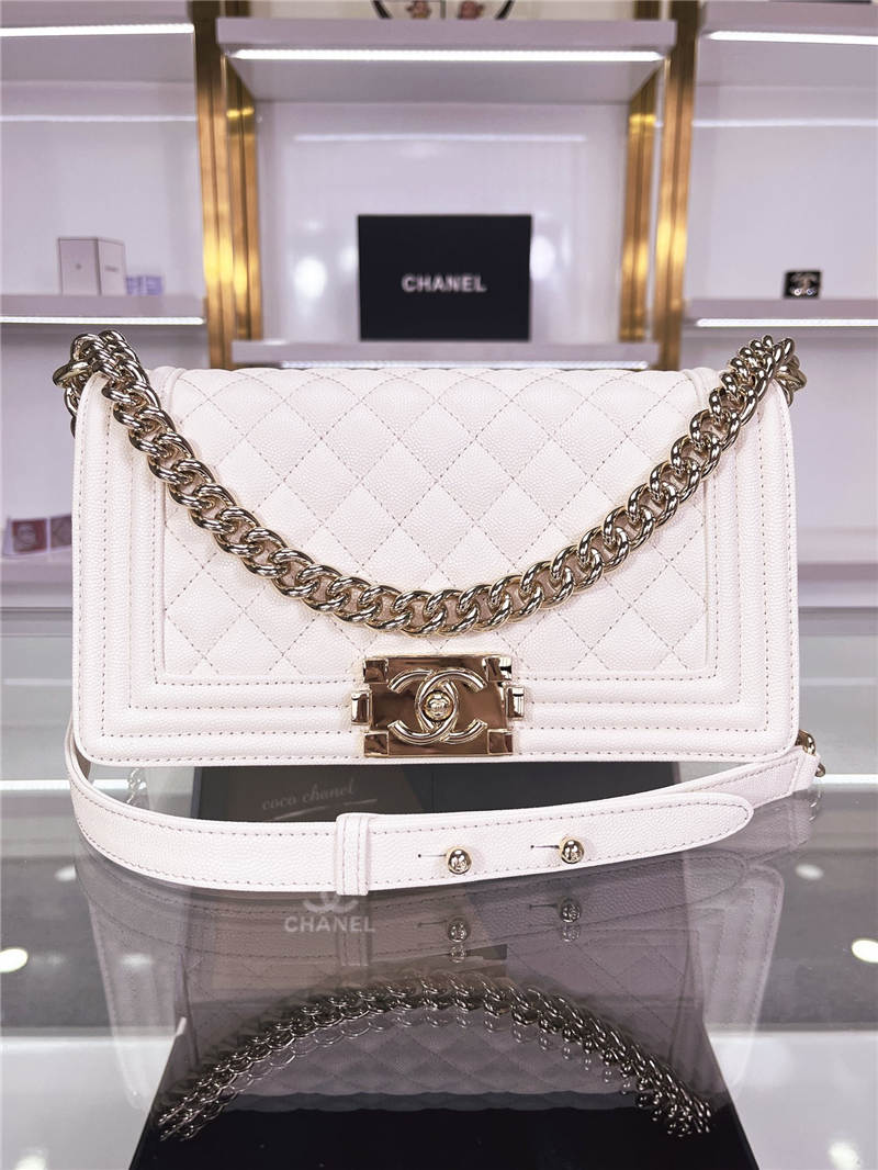 BOY Chanel HANDBAG Grained Calfskin White Gold Metal High