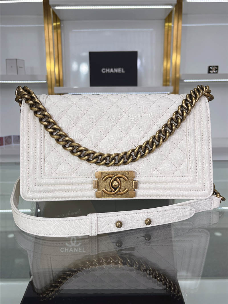 BOY Chanel HANDBAG Grained Calfskin White Anti-Gold Metal High