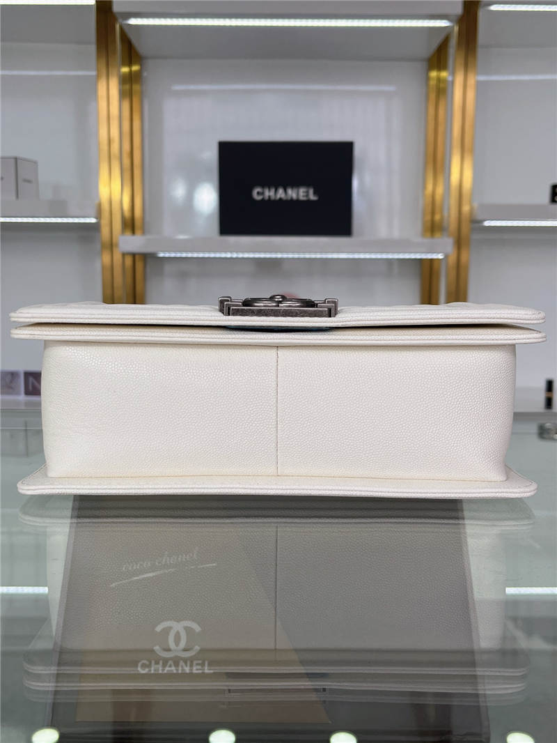 BOY Chanel HANDBAG Grained Calfskin White Anti-Silver Metal High