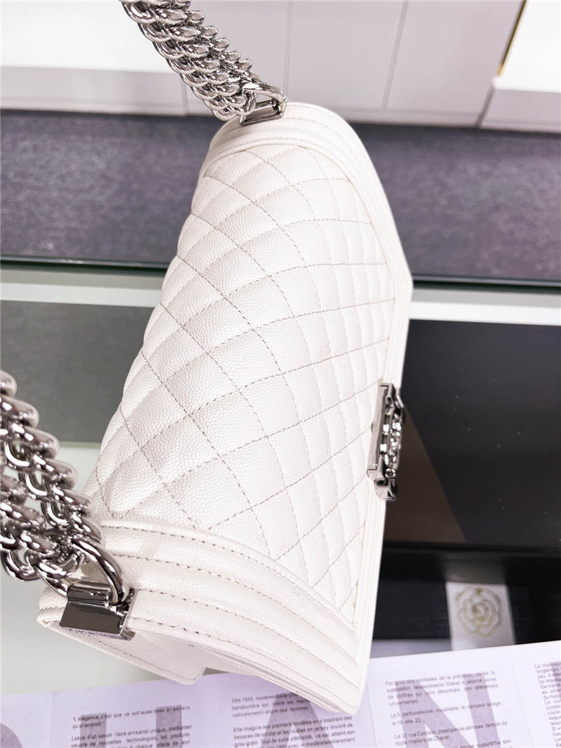 BOY Chanel HANDBAG Grained Calfskin White Silver Metal High