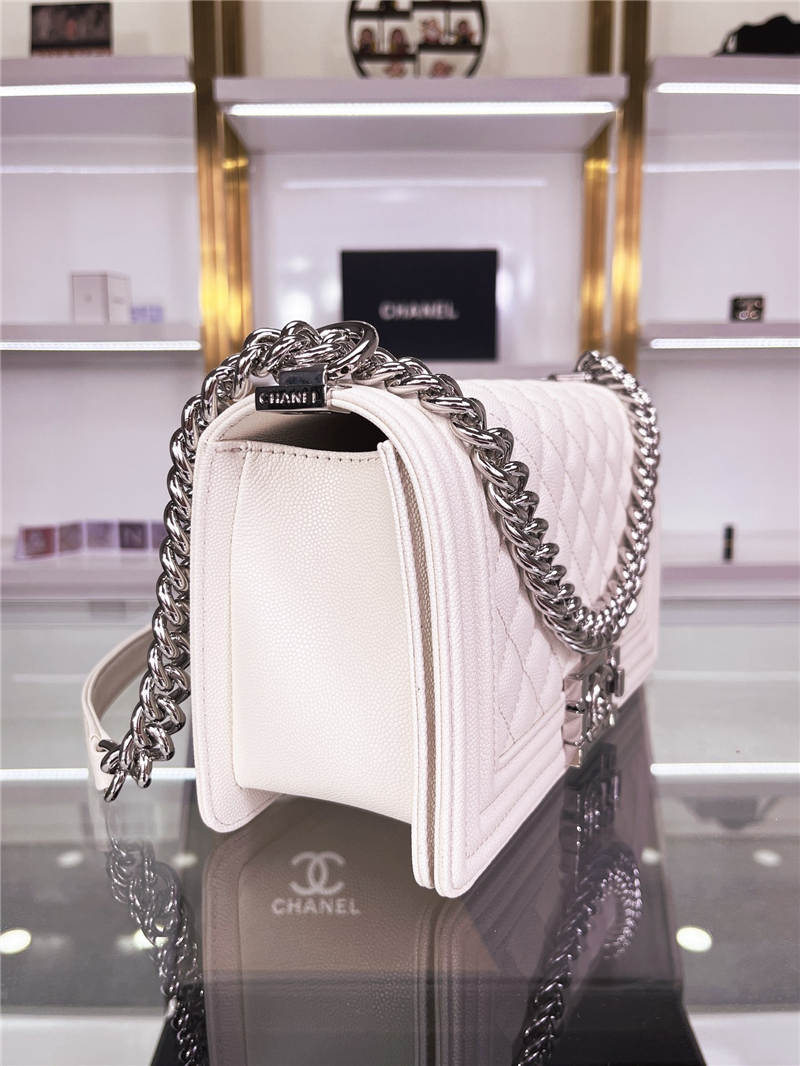 BOY Chanel HANDBAG Grained Calfskin White Silver Metal High