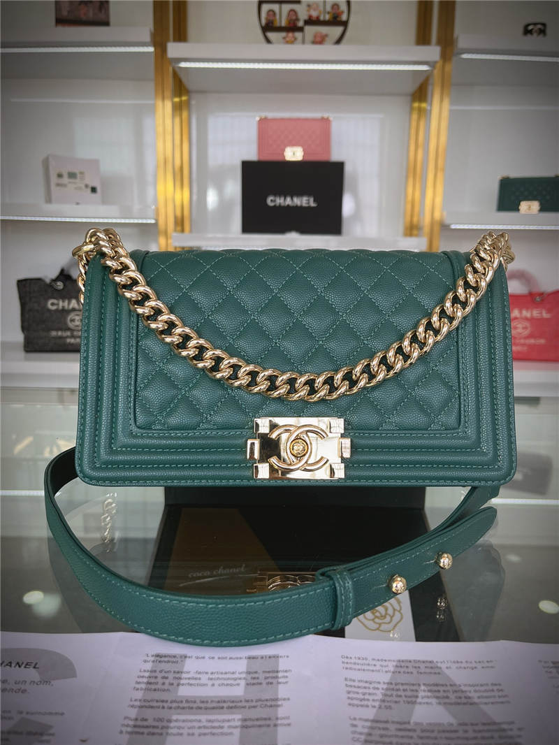 BOY Chanel HANDBAG Grained Calfskin Green Gold Metal High