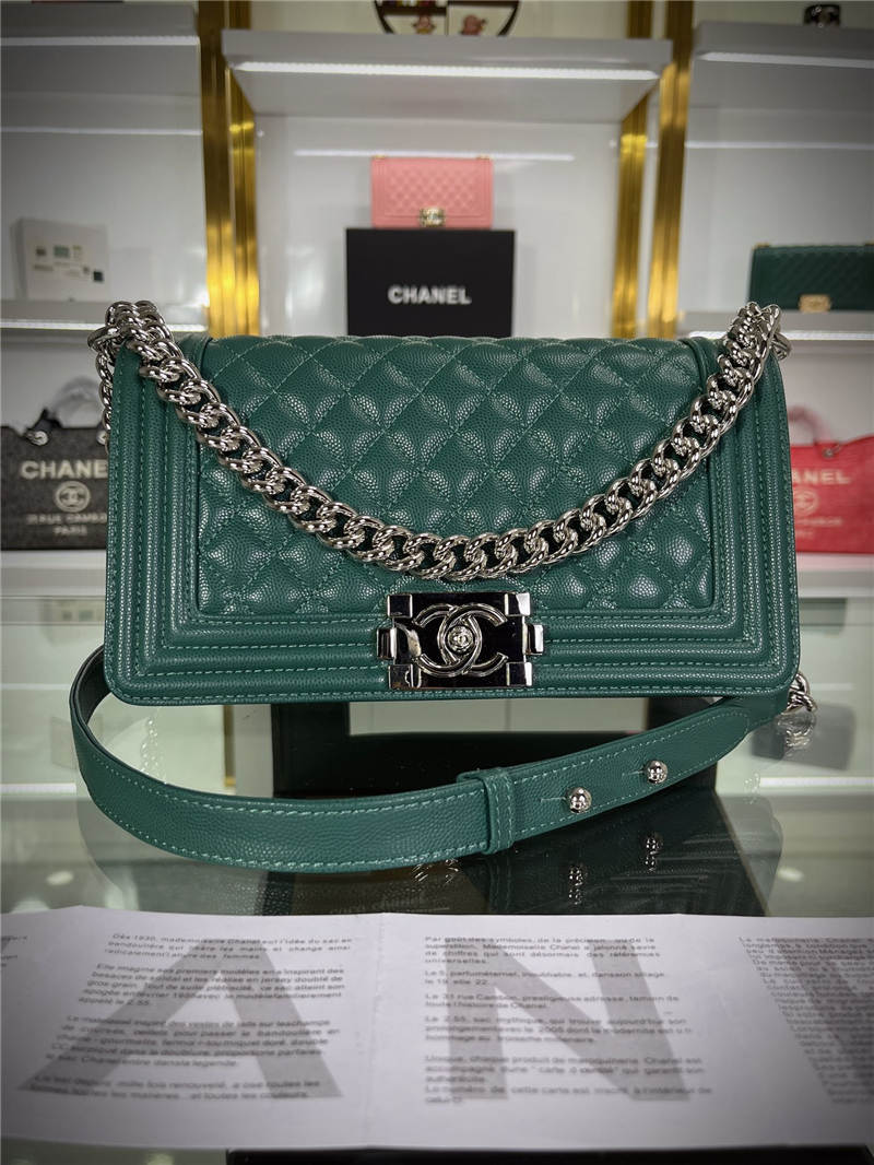 BOY Chanel HANDBAG Grained Calfskin Green Silver Metal High