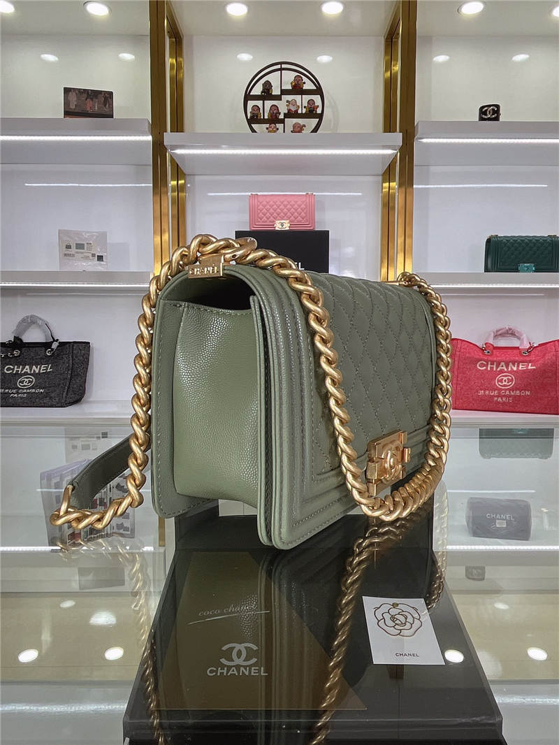 BOY Chanel HANDBAG Grained Calfskin Olive Matt-Gold Metal High